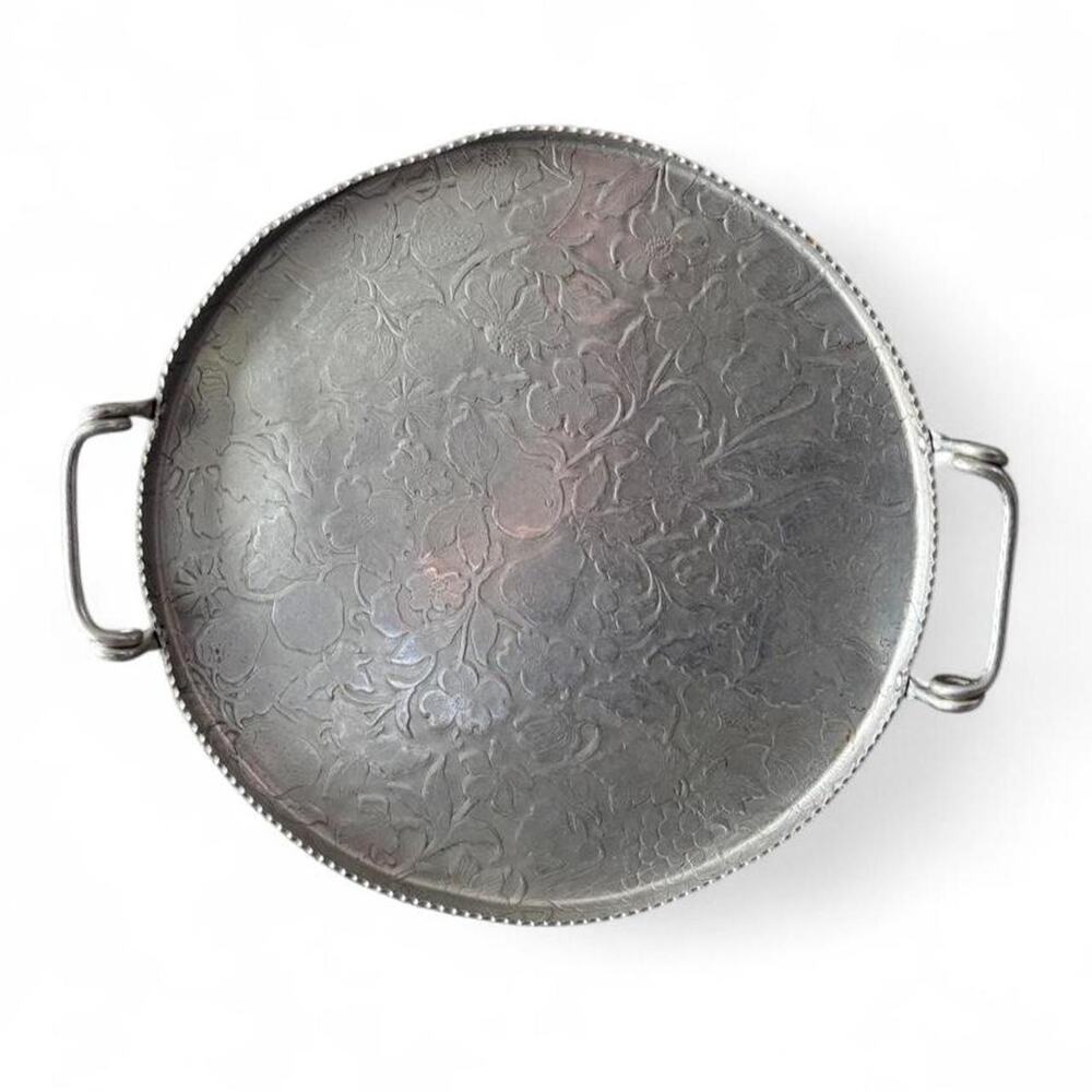 Vintage Hand Finished Aluminum Serving Tray Floral Fruit Handles 14” round